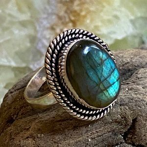 Blue Green Flash Labradorite Gemstone Ring,  .925 Sterling Silver overlay.